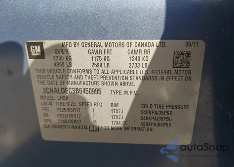 2011 Chevrolet Equinox 1Lt from USA, damaged, VIN 2CNALDEC3B6450995